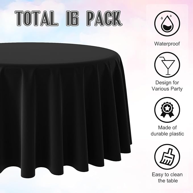 16 Pack Black Plastic Tablecloth for Round Tables, Premium Decorative Black Disposable Table Cloths for Parties, Bulk Round Party Table Cover for Birthday Wedding Anniversary Graduation, 84 Inch