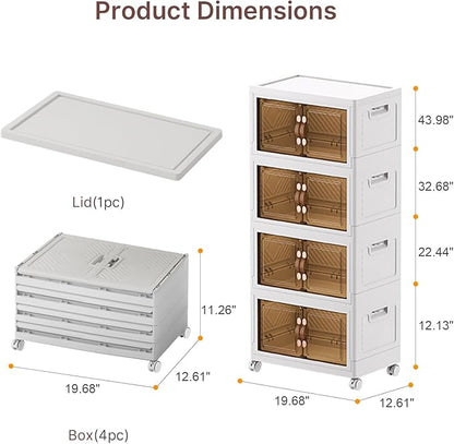 UAMFURI Stackable Storage Bins with Lids, 192QT Closet Organizers, Lockable Storage Cabinet，Foldable Storage Box with Doors and Wheels, Plastic Drawers for Home, Garage, Office (4, White, Medium)