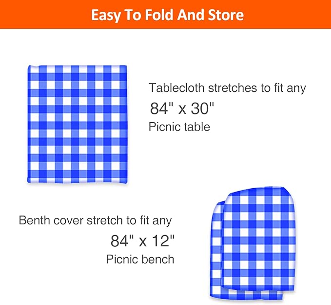 7ft Picnic Table and Bench Cover, Camping Essentials RV Gear, 84 in Waterproof Windproof Outdoor Elastic All Around Tablecloth, Fitted Rectangle Tables and Seats, Blue-White Checkered