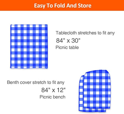 7ft Picnic Table and Bench Cover, Camping Essentials RV Gear, 84 in Waterproof Windproof Outdoor Elastic All Around Tablecloth, Fitted Rectangle Tables and Seats, Blue-White Checkered