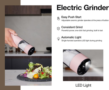 Electric Pepper Grinder and Salt Mill Set - Large Capacity USB Rechargeable Automatic Grinder with Dual LED Lights, One-Handed Operation & Slide Cover - Brushed Stainless Steel