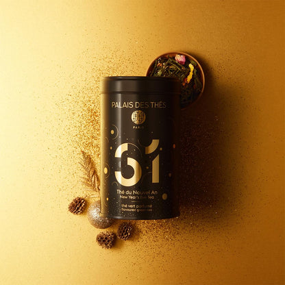 Palais des Thés - N°31 New Year's Eve Green Tea - Holiday Blend with Sweet Rose and Elderberry - 3.5oz Loose Leaf Metal Gift Tin, Serves 20-25 Cups