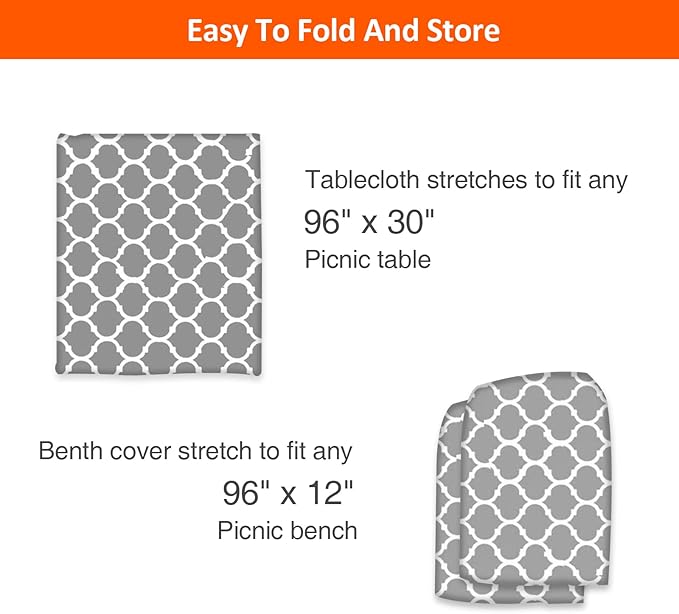 8ft Picnic Table and Bench Cover, Camping Essentials RV Gear, 96 in Waterproof Windproof Outdoor Elastic All Around Tablecloth, Fitted Rectangle Tables and Seats, Gray-White Moroccan