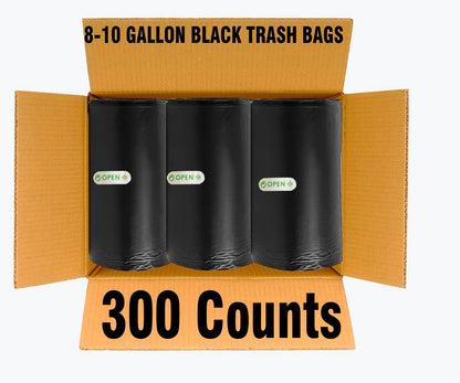 8-10 Gallon Trash Bags, 300 Count Black Garbage bags, Multi-purpose Trash Can Bin Liners for Bathroom, Office, Industrial, Commercial, Janitorial, Municipal, Recycling