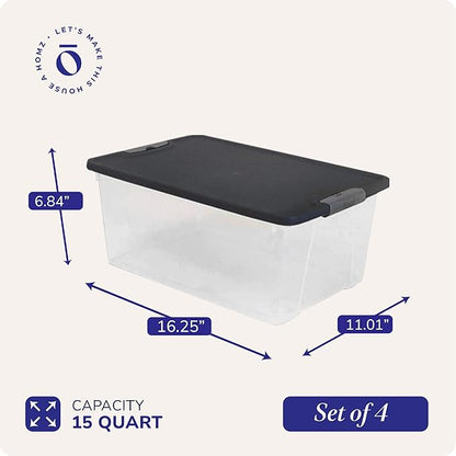 HOMZ 4-Pack Secure Latch, Clear Plastic Storage Organizer Bins, 15 Quart, Gray Lid - Stackable Container Boxes for Bedroom, Bathroom, Garage, and Office Organization