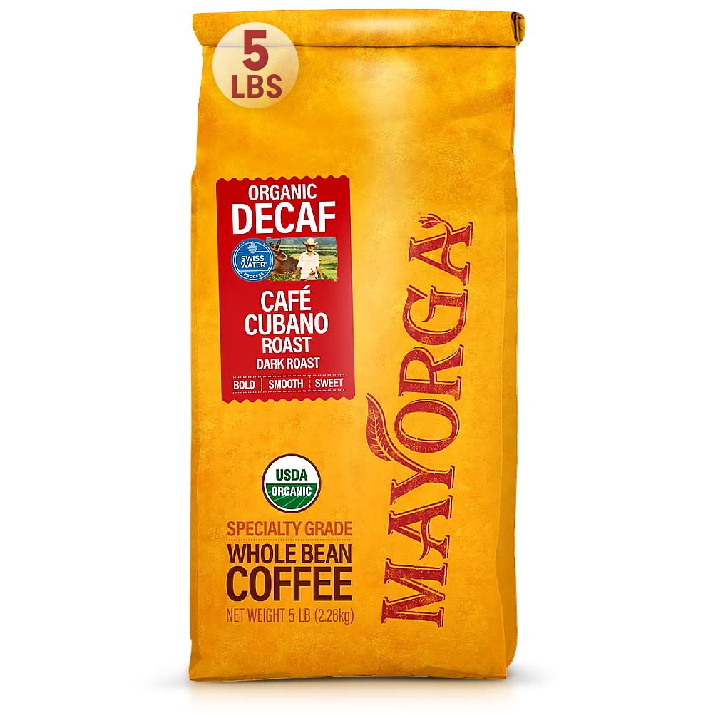 Mayorga Decaf Dark Roast 5lb Bag Cafe Swiss Water Decaffeinated Cubano Roast 100% Arabica Whole Coffee Beans - Smoothest Organic Coffee