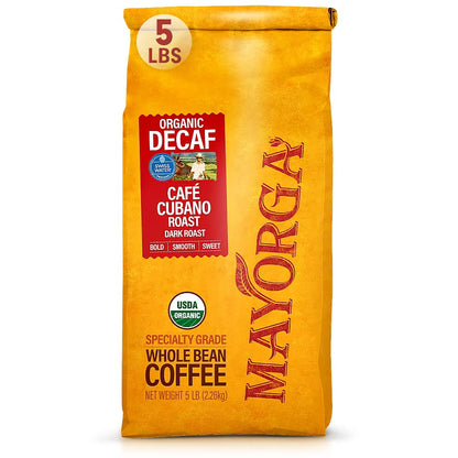Mayorga Decaf Dark Roast 5lb Bag Cafe Swiss Water Decaffeinated Cubano Roast 100% Arabica Whole Coffee Beans - Smoothest Organic Coffee
