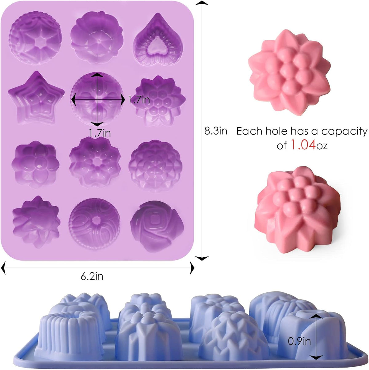 Sakolla 3 Pack Flower Molds Silicone, 12 Cavities Different Shapes Silicone Molds for Chocolate, Cupcake, Candy, Jelly, Ice Cube, Muffin (Pink