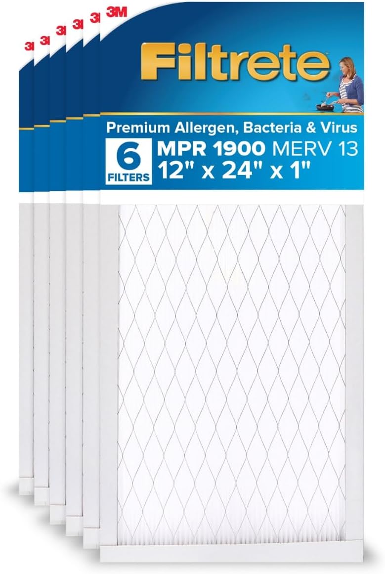 Filtrete 12x24x1 AC Furnace Air Filter, MERV 13, MPR 1900, Premium Allergen, Bacteria & Virus Filter, 3-Month Pleated 1-Inch Electrostatic Air Cleaning Filter, 6-Pack (Actual Size 11.69x23.69x0.78 in)