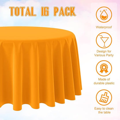 16 Pack Orange Plastic Tablecloths for Round Tables, Premium Decorative Orange Disposable Table Covers for Parties, Round Party Table Cover for Fall Autumn Birthday Thanksgiving Graduation, 84 Inch