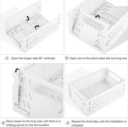 Plastic Storage Baskets for Desk Organizing, Office Drawer Organizer, 2 Medium+2 Small Durable Folding Storage Crate for Home Kitchen Classroom Office Bedroom and Bathroom Storage (White)