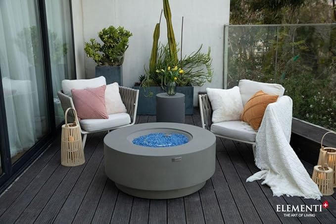 Elementi+ | Bundle Colosseo Gas Fire Pit Cast Concrete 40" Dia. Round Fire Table, Outdoor Fire Pit Electronic Ignition | Canvas Cover, Fire Glass and Burner Lid Included | Light Gray | Natural Gas