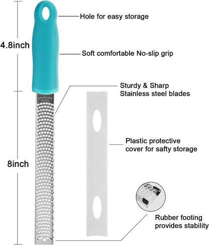 Lemon Zester, Stainless Steel Kitchen Cheese Grater, Plastic Cover Ergonomic Soft Blue Handle
