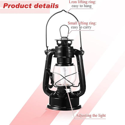 Hortsun 4 Pcs 8 Inch Vintage LED Hurricane Lantern Metal Black Outdoor Battery Operated Hanging Lantern with Warm LEDs and Dimmer Switch for Indoor Rustic Farmhouse Country Camping Decor