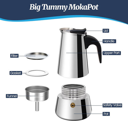 4 Cup Moka Pot Stainless Steel 200ml Italian Espresso Coffee Maker Stovetop CoffeeMakers Mocha Pot Percolator for Induction Stove Classic Cafe Makers