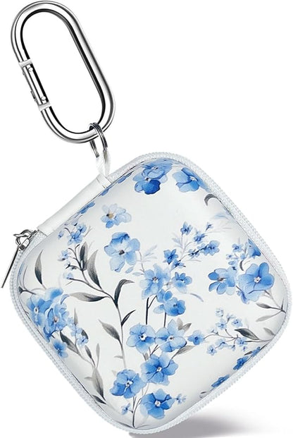 Earbud Case Headphone Organizer Ear Bud Case Portable EVA Carrying Box Storage Bag with Carabiner for AirPods Beats Bose Galaxy Buds 4/3/FE Data Cable Storage (Blue Flower)