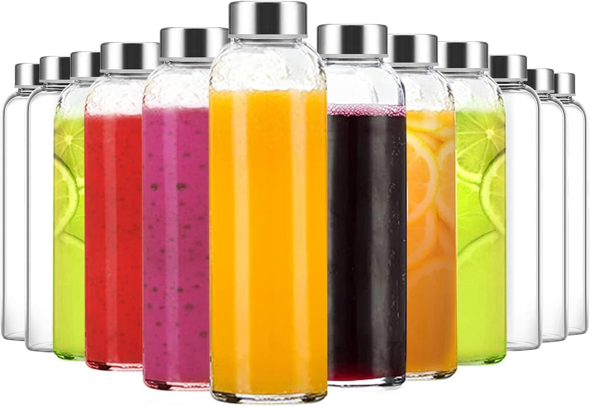 18 oz Clear Glass Water Bottles with Lids, Reusable Glass Juice Bottles with Stainless Steel Cap for Juicing, Refrigerator,100% Leak Proof, BPA Free