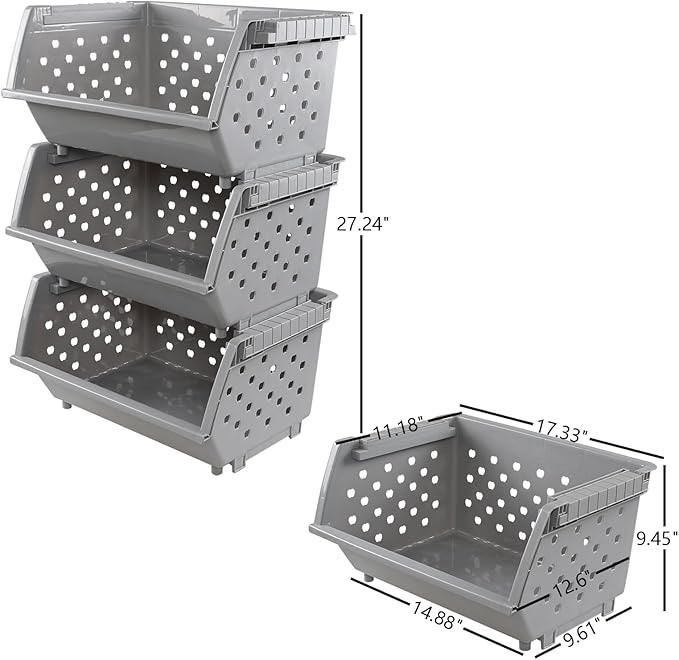 3 Pack Plastic Stackable Storage Baskets, Open Front Stacking Bins, Grey