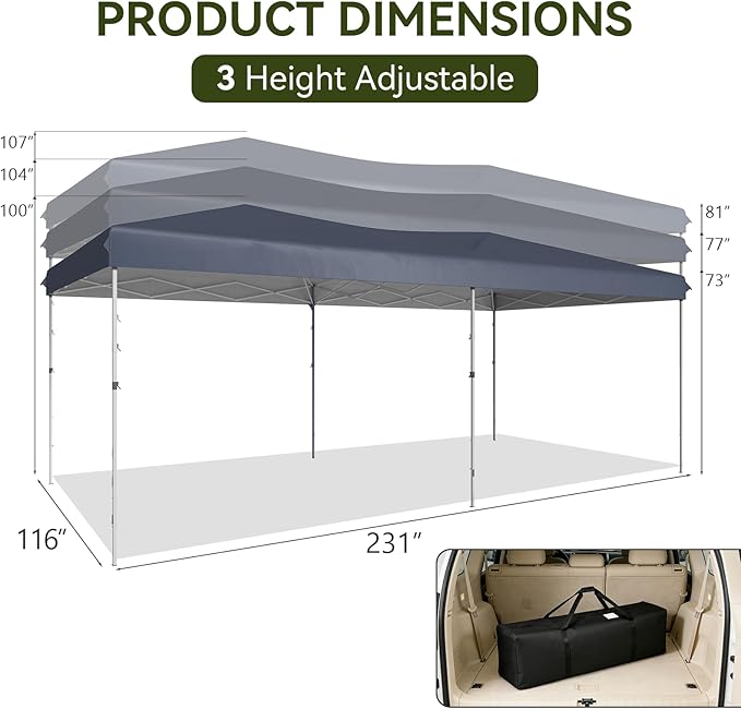 Aoxun 10x20 Pop Up Canopy Tent with 6 Removable Sidewalls, One Push Party Tent Waterproof Outdoor Canopy with 3 Adjustable Height, Portable Tents for Parties, Wedding, Commercial, Market