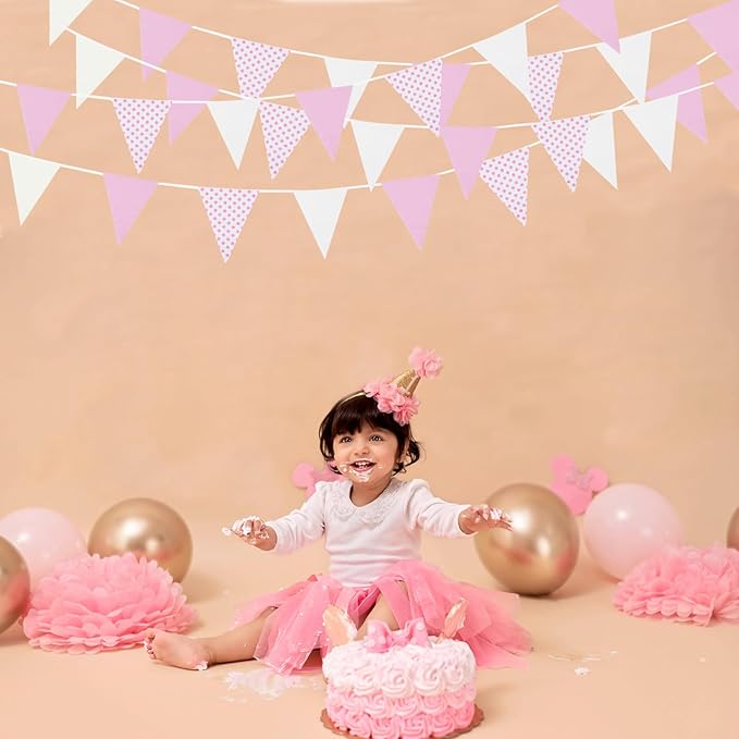 Zwiebeco 39Ft Pink White Dot Fabric Bunting Banner Triangle Flags Hanging Cotton Garland Pennant for Wedding Birthday Tea Party Nursery Home Outdoor Garden Decorations