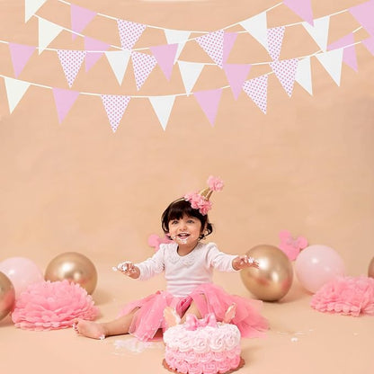 Zwiebeco 39Ft Pink White Dot Fabric Bunting Banner Triangle Flags Hanging Cotton Garland Pennant for Wedding Birthday Tea Party Nursery Home Outdoor Garden Decorations