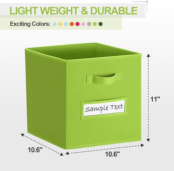 artsdi 11x11 storage cube bins (Set of 10) Foldable Fabric storage cubes with 10 Labels Window Cards & a Pen,11 inch cube storage bin,Closet Organizers for Shelves,Cubby Organizer Boxes,lime green