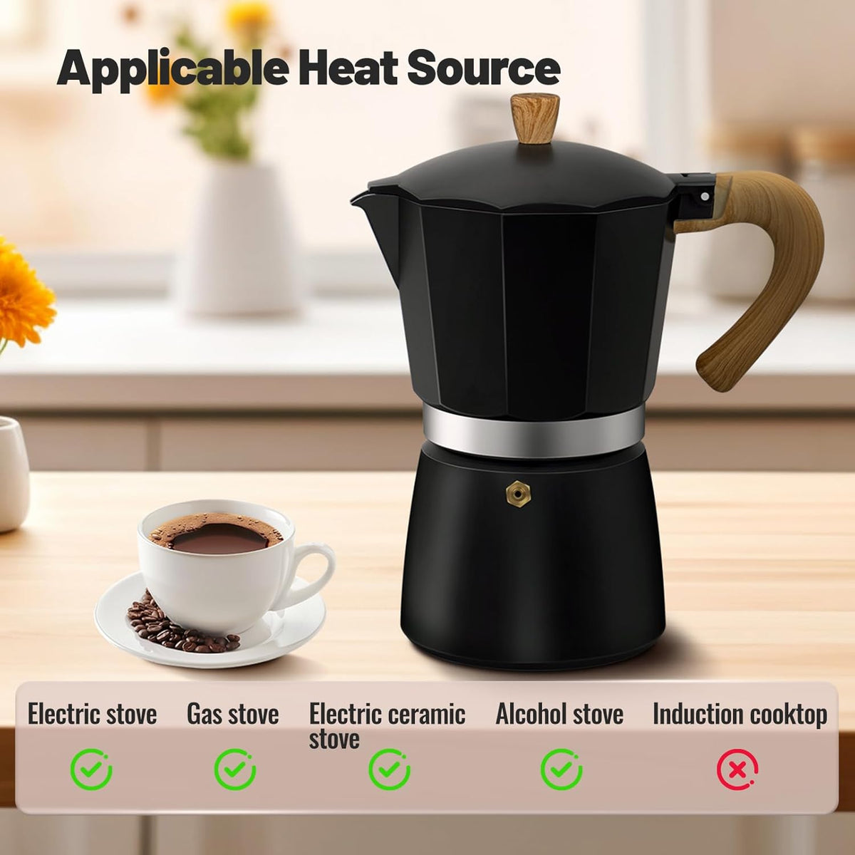 12 Cup Aluminum Moka Pot Classic Stovetop Espresso Coffee Maker 600ml 20oz Coffeemaker Percolator Mocha Pot Greca Coffee Maker Cafe Makers for Italian and Cuban Café Brewing Black