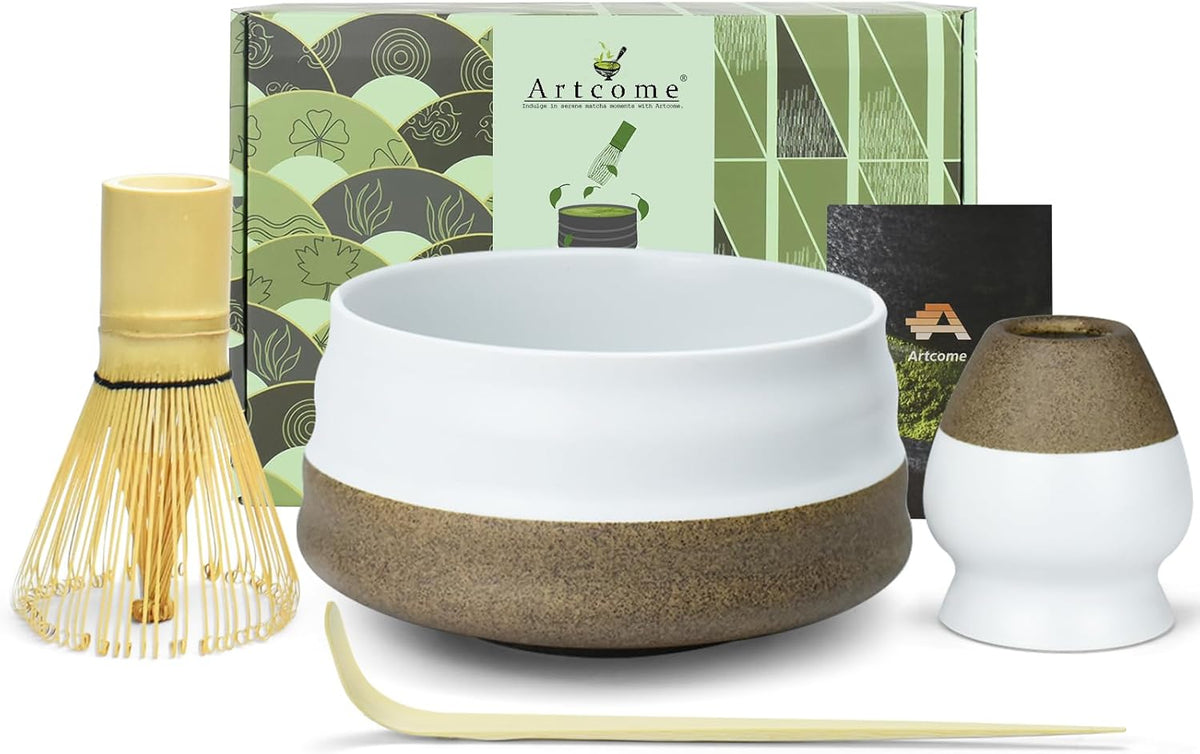 Artcome Premium Matcha Tea Set - 19.6oz Ceramic Bowl, Bamboo Whisk, Scoop, Whisk Holder & Brewing Guide - Authentic Japanese Tea Ceremony Tools for Matcha Preparation