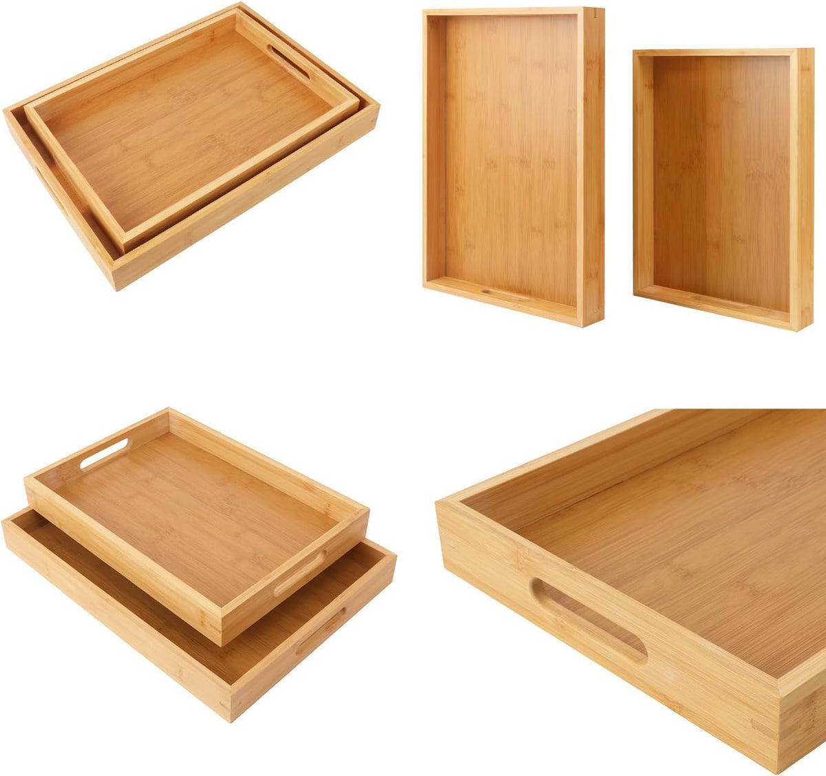 2 Pack Large Bamboo Serving Tray with Handles, 16 x 11.6 Inch and 14 x 10 inch Wooden Dinner Tray