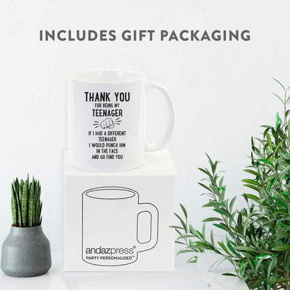 Andaz Press Funny Family 11oz. Coffee Mug Gift, Thank You for Being My Teenager, Punch in Face, 1-Pack, Christmas Birthday Drinking Cup Present Ideas