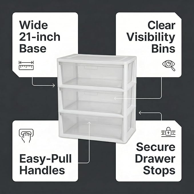 Wide 3 Drawer Plastic Storage Tower with Clear Removable Bins, 15.6" x 21" x 25.2" Organizer Unit with Drawer Stops and Easy-Pull Handles for Closet, Dorm, and Office Organization, White