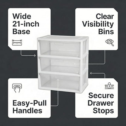 Wide 3 Drawer Plastic Storage Tower with Clear Removable Bins, 15.6" x 21" x 25.2" Organizer Unit with Drawer Stops and Easy-Pull Handles for Closet, Dorm, and Office Organization, White