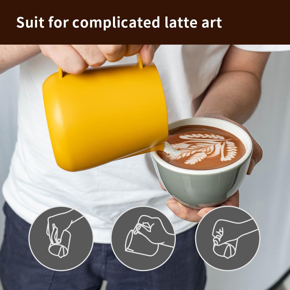 watchget Milk Frothing Pitcher 500ml/17oz Espresso Steaming Pitcher with Matte Yellow Coating Stainless Steel Milk Steamer Jug Milk Frothing Cup