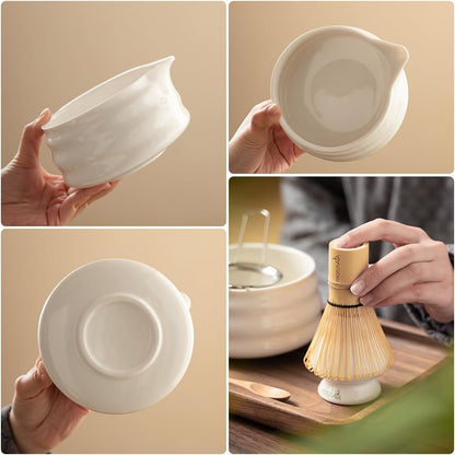 7 Pcs Matcha Set - Ceramic Bowl, Bamboo Whisk with Holder, Sifter, Schima Spoon, Spoon Rest and Tea Towel, Complete Kit for Traditional Matcha and Modern Lattes (White)