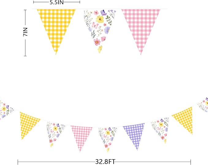 32Ft Wildflower Party Decorations Pink Purple Yellow Gingham Plaid Flowers Pennant Floral Banner Fabric Triangle Flag Garland Streamers for Easter Spring Summer Birthday Baby Shower Picnic Party Decor