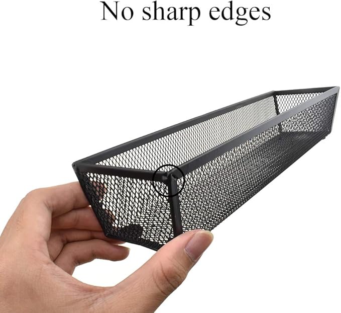 HAHIYO Stackable Mesh Tray Cup 12 x 3 x 2 inches Sturdy Container for Desk Drawer Organizer Collection for Home Office School kitchen Soft Foam Feet No Sharp Edges 2 Pack Black