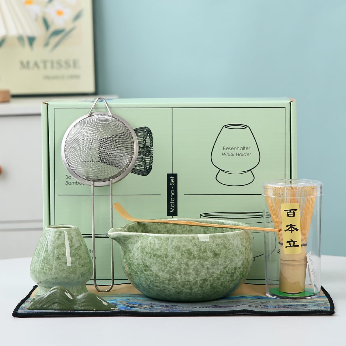 Matcha Set, 7 Pieces, Matcha Bowl with Spout, Whisk, Holder, Bamboo Scoop, Stainless Steel Sifter Matcha color