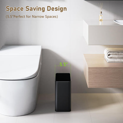Small Bathroom Trash Can 2.4 Gallon Wastebasket, Slim Metal Garbage Can Matte Black Stainless Steel Trash Bin for Bedroom,Office,Kitchen,Toilet, rv, Near Desk, Under Sink