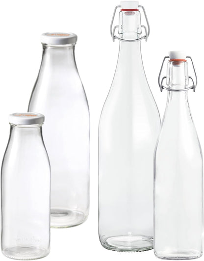 Le Parfait French Glass Milk Bottles with Printed Airtight Twist Lids, 500ml (16oz) Pack of 6 – Leakproof Reusable Glass Bottles for Juice, Water, Cold Brew, Kefir &amp; Beverage Storage
