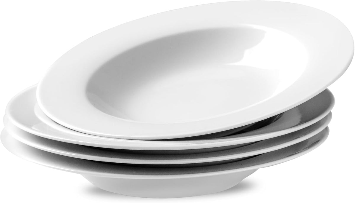 fMBB Ceramic Soup Bowls Shallow Plates, 4 Pack White Dinner Bowls Plates, Porcelain Wide Rim, 8.5 Inch (8.5 oz) Shallow Bowls - Ideal for Soup