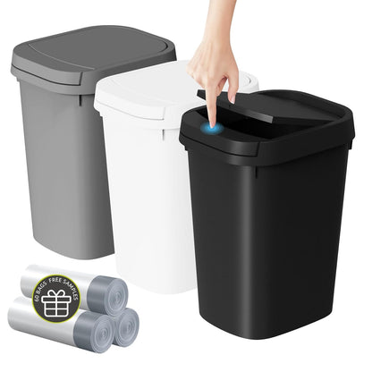 3 Pack Bathroom Small Trash Can with Lid, 2.6 Gallon Slim Garbage Bin with Pop-Up Lid, 10L Plastic Wastebasket for Bedroom, Office, Kitchen, Toilet (Three Colors)