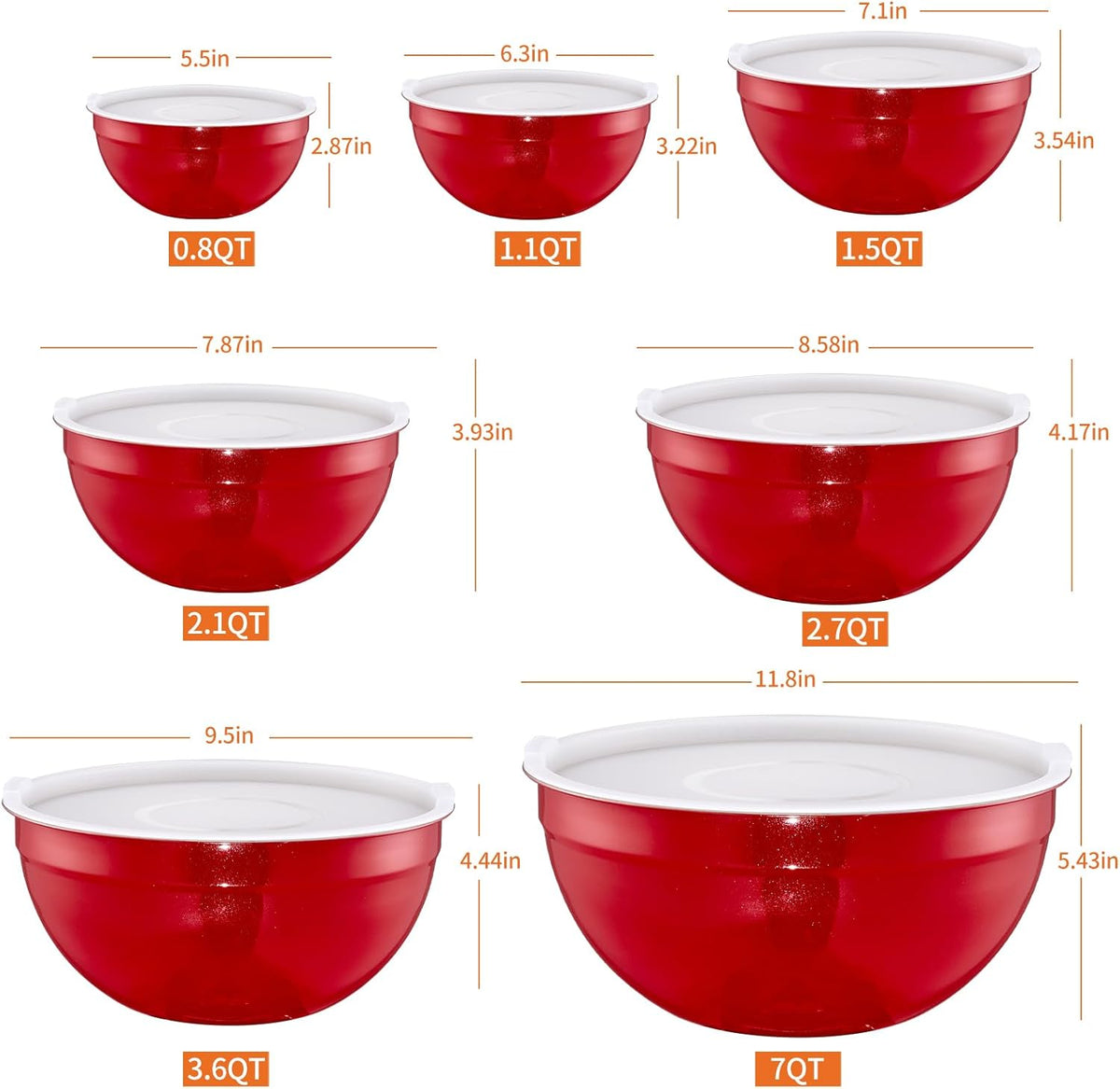 Red Mixing Bowls With Airtight Lids,Stainless Steel Bowl,Salad Bowls 7 Piece Colorful Nesting Bowl Red Kitchen Accessories,Size 7,3.6,2.7,2.1,1.5,1.1