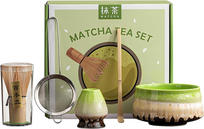 Matcha Whisk Set Ceramic Matcha Set Includes Matcha Bowl Matcha Whisk and Holder, Bamboo Scoop, Sifter, 5 Pcs Matcha Kit for Matcha Lovers