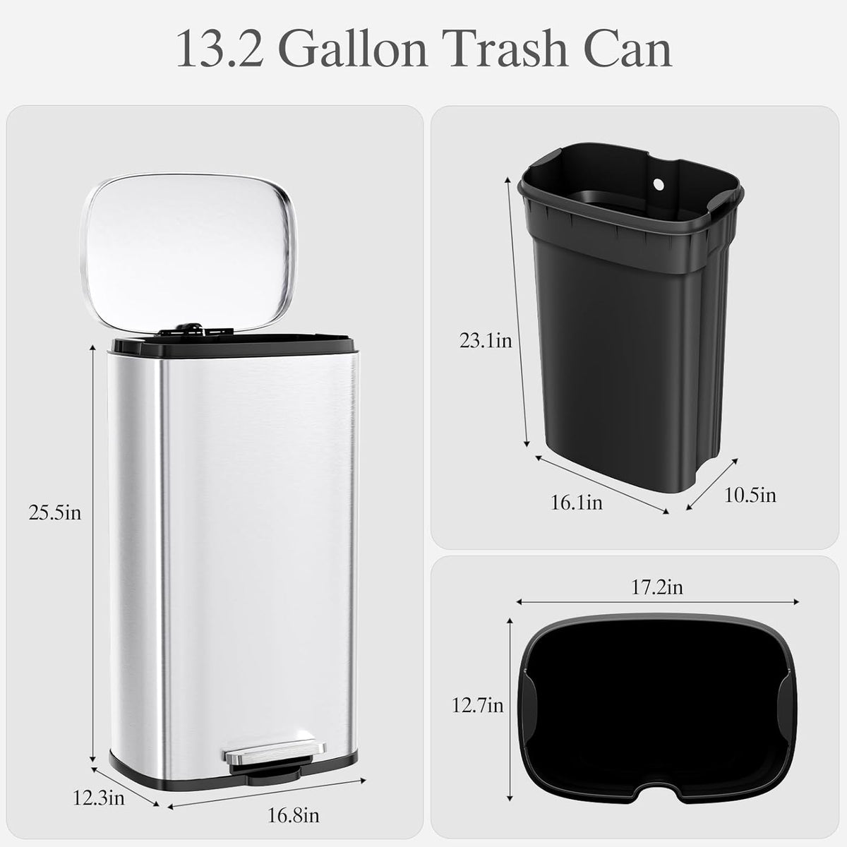 AthLike Trash Can, Stainless Steel Kitchen Garbage Can, Step Waste Bin with Hinged Lid and Removable Inner Bucket, Soft-Close, Dustbin for Bathroom Bedroom Living Room Home (Silver, 13.2 Gal)