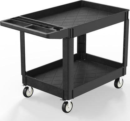 Utility Cart on Wheels, 1000 lbs Capacity Rolling Service Cart, 45 x 25 Inch Work Carts, 2 Shelf Heavy Duty Plastic Tool Cart, Lipped Shelves, for Warehouse, Garage, Cleaning, Black