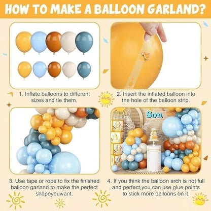Here Comes the Son Balloon Arch Kit, Retro Blue Yellow Boho Balloon Garland with Mustard Yellow Pastel Blue Sand White Coffee Balloon for Fall Colorful Baby Shower First Birthday Party Decoration