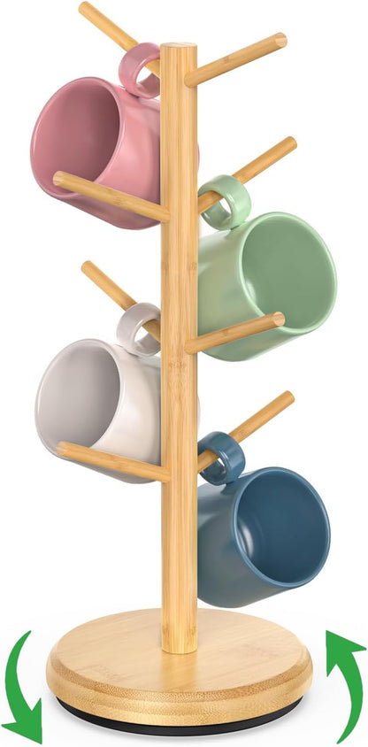 Bambang Mug Holder Tree, 360° Rotating 8 Hooks Coffee Cup Holder for Counter Top, Bamboo Coffee Mug Rack Stand for Kitchen Countertop Home, Natural