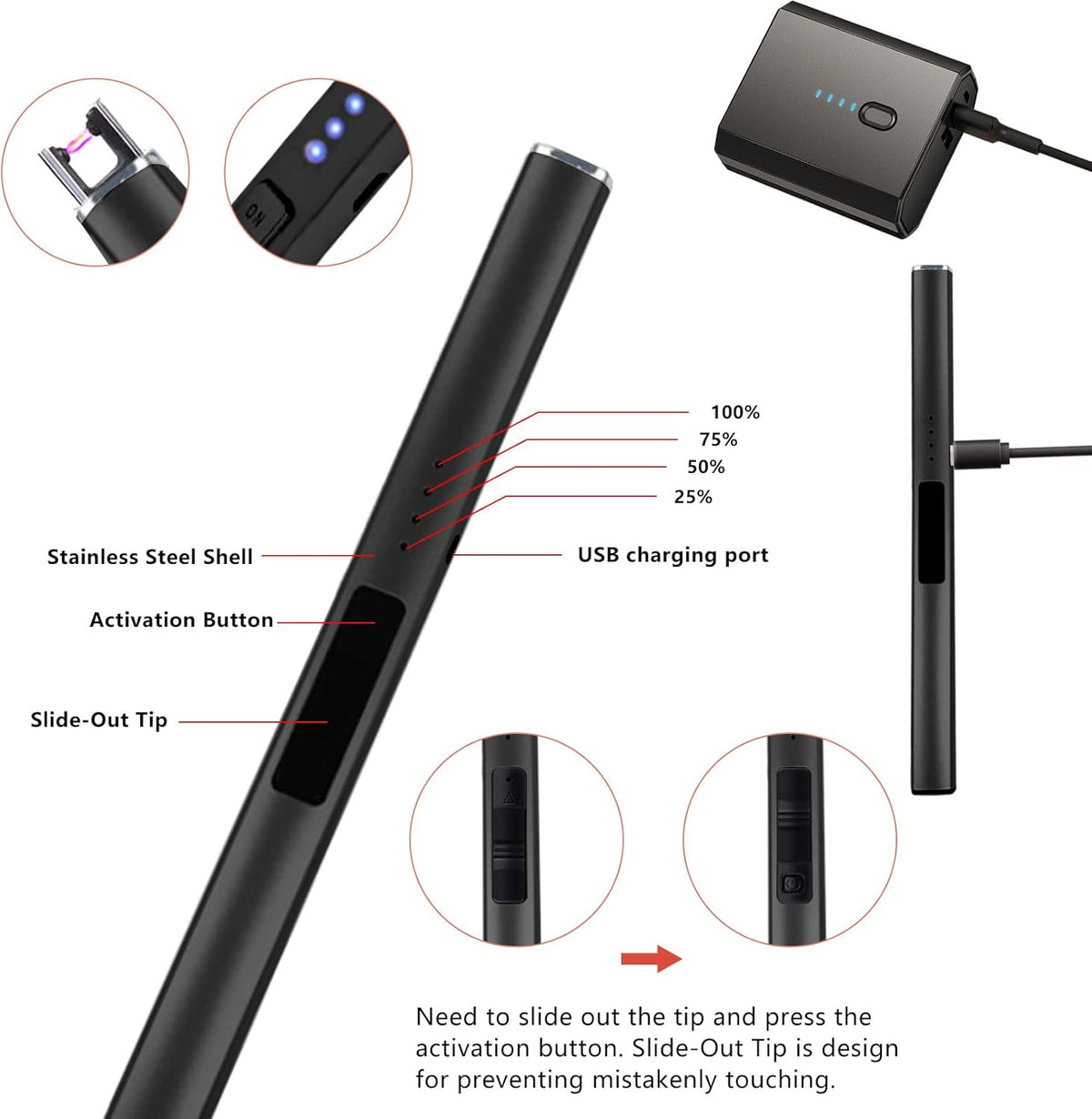 5Pcs Stainless Steel Candle Wick Trimmer Set, Black Candle Wick Trimmer, Candle Wick Dipper, Candle Wick Snuffer and USB Rechargeable Candle Lighter for Candle Lovers(Black)