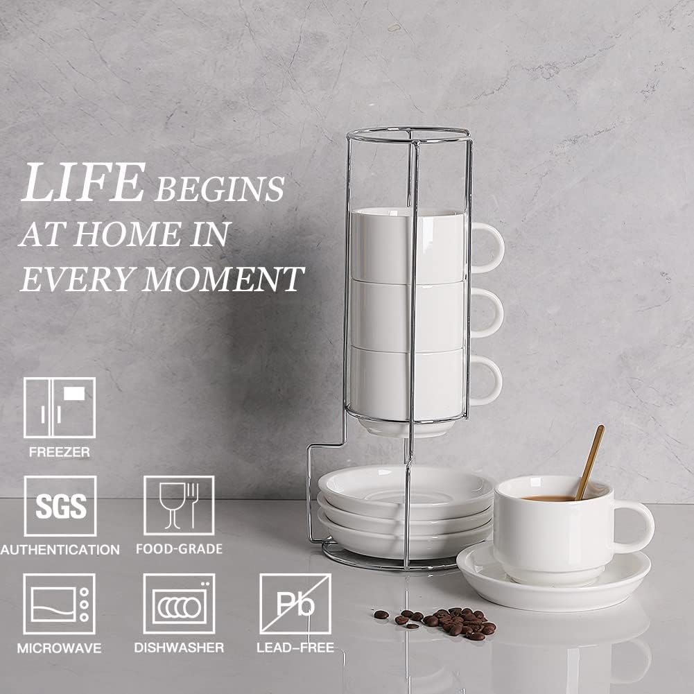 Sweejar Porcelain Cappuccino Cups with Saucers and Metal Stand, 8 Ounce Stackable Espresso Cups for Specialty Coffee Drinks, Latte, Americano, Tea