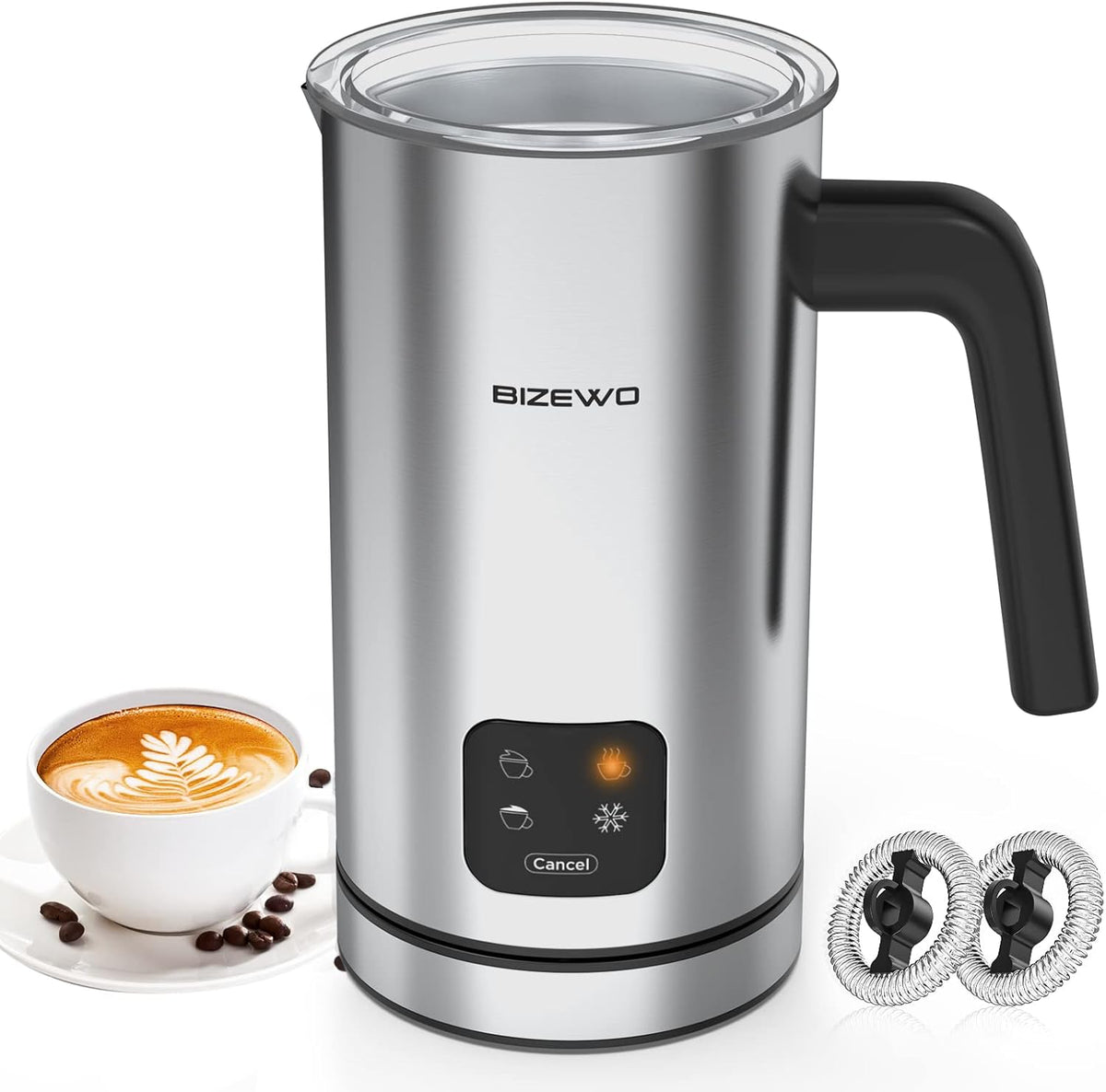 Bizewo Milk Frother Electric, Warm and Cold Milk Steamer, 4 IN 1 Automatic Milk Warmer Stainless Steel with Touch Screen for Coffee, Latte, Macchiato